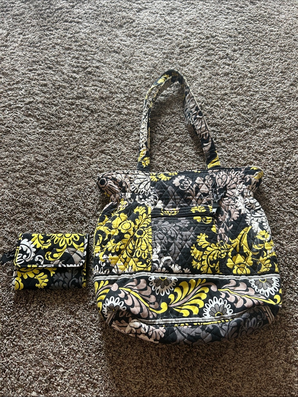 Quilted Vera Bradley Floral Tote Bag in Yellow, Black & Cream - Designer Style